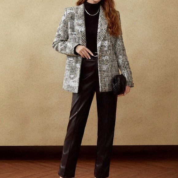 MULTICOLOR PREPPY WOMENS PLAID SEQUIN BLAZER - Picture 7 of 8